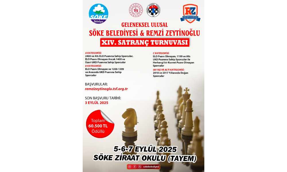 Söke Belediyesi Remzi Zeytinoğlu Satranç Turnuvası 5-7 Eylül’de